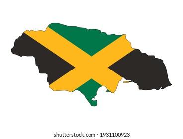 Flat vector map of Jamaica filled with the flag of the country, isolated on white background. Vector illustration suitable for digital editing and prints of all sizes.
