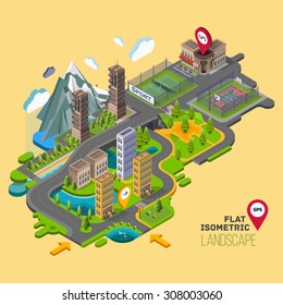 Flat Vector Map Landscape, Parks, Buildings, Seating Area, Sports Grounds, Picture Of The Nature Of Mountains And Lakes, Road,GPS Navigation, Infographic 3d Isometric Concept. Top View.