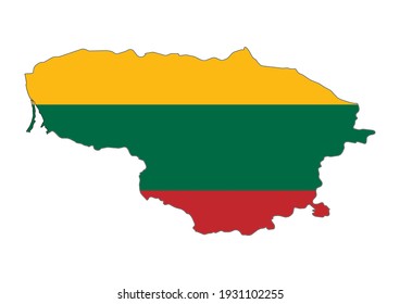 Flat vector map of Lithuania filled with the flag of the country, isolated on white background. Vector illustration suitable for digital editing and prints of all sizes.