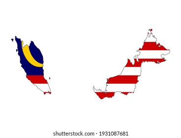 Flat vector map of Malaysia filled with the flag of the country, isolated on white background. Vector illustration suitable for digital editing and prints of all sizes.