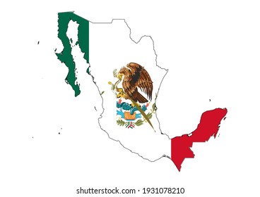 Flat vector map of Mexico filled with the flag of the country, isolated on white background. Vector illustration suitable for digital editing and prints of all sizes.