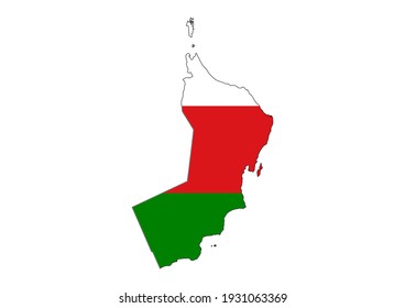 Flat vector map of Oman filled with the flag of the country, isolated on white background. Vector illustration suitable for digital editing and prints of all sizes.