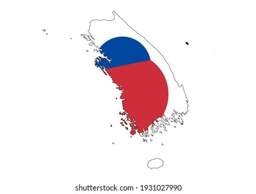 Flat vector map of South Korea filled with the flag of the country, isolated on white background. Vector illustration suitable for digital editing and prints of all sizes.