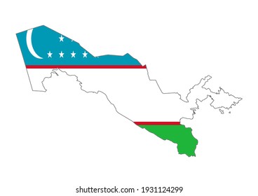 Flat vector map of Uzbekistan filled with the flag of the country, isolated on white background. Vector illustration suitable for digital editing and prints of all sizes.