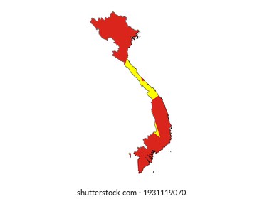 Flat vector map of Vietnam filled with the flag of the country, isolated on white background. Vector illustration suitable for digital editing and prints of all sizes.