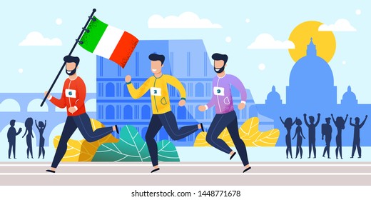 Flat Vector Marathon People Group Racers Run in Italy. Happy Cartoon National Team. Winners Jogging on Street. Cityscape and Fans Silhouettes Crowd Illustration. Traditional sport race. Urban Runners