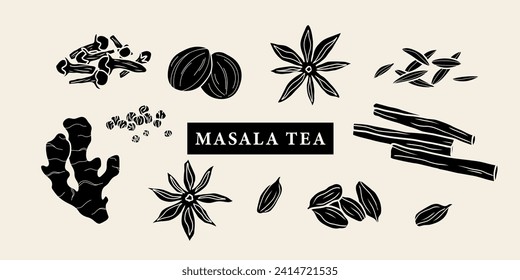 Dibujo de especias de té de masala plana vectorial