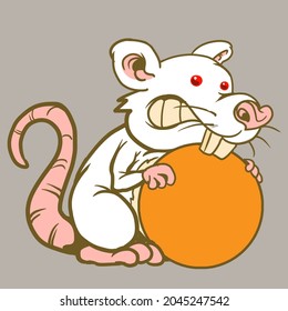 Flat vector mascot laboratory rat. Rodent with white coat, red eye and long pink tail.