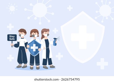 Flat vector of masked characters holding Stay Safe sign, shield, and sanitizer spray. Covid-19 health protection concept. Perfect for background and poster.