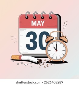 Flat vector of May 30 calendar with broken cigarette and ringing alarm clock, symbolizing urgency to quit smoking on World No Tobacco Day. Ideal for health and awareness campaigns.