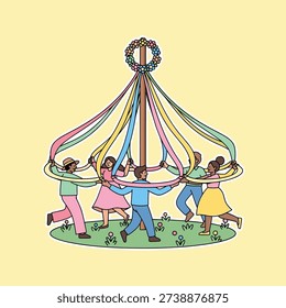 Flat Vector May Day Maypole Celebration Scene