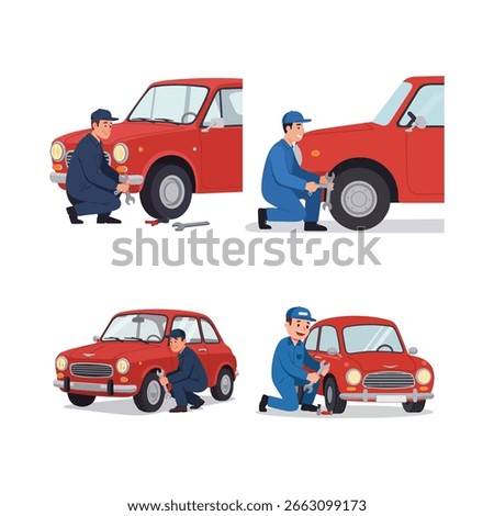 Flat vector of a mechanic repairing a car, Car Maintenance and  Auto Repair illustration