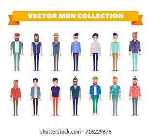 Flat vector men collection. Character design. Bearded hipster, boy, business man, student, young guy isolated on white.