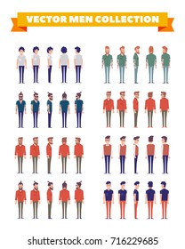 Flat vector men collection. Front, side, back, 3/4 view of man for animation. Separate part of body. Bearded hipster, boy, business man, student, young guy isolated on white.