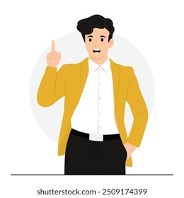 Flat vector men with happy smile pointing fingers down side up at banner concept illustration