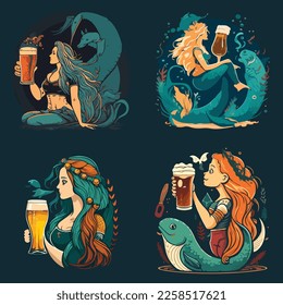 Flat Vector of the mermaid and beer illustration