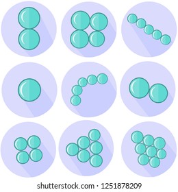 Flat vector microbiology set. Arrangements of coccus bacteria. Green microorganism in violet circles. Isolated on white