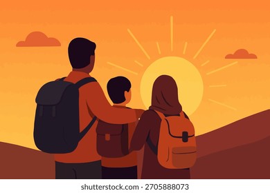 Vector plano de la familia migrante mirando al amanecer