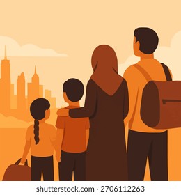 Vector plano de la familia migrante mirando el horizonte de la ciudad