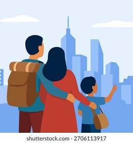 Flacher Vektor der Migrantenfamilie mit Blick auf die moderne Skyline der Stadt