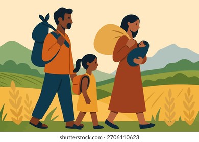 Flat vector of migrant family in rural background