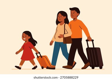 Vector plano de la familia migrante que camina con el equipaje, expresión esperanzadora