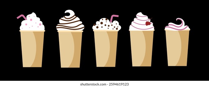 Flat vector milkshake icons set with various flavor toppings and straws.