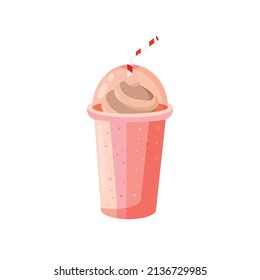 Flat vector milkshake with vanilla and chocolate cream in a glass with straw. Summer colorful drink for cafe, bar, restaurant, beach. 