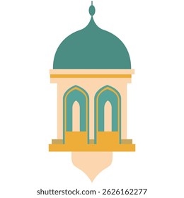 Flat vector mini mosque with green dome and yellow accents, featuring arched windows, ideal for Islamic decor or architecture design elements.
