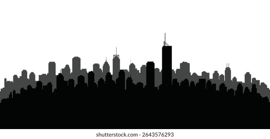 Vetor plano Skyline da cidade minimal em preto e cinza, Silhueta urbana de edifícios de alta elevação e torres