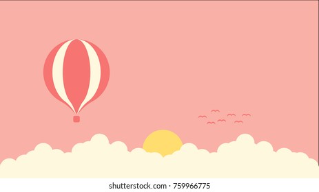 Flat vector minimal graphic of hot air balloon above clouds with birds and sunrise.