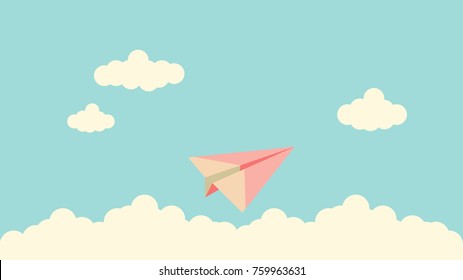 Flat vector minimal graphic of paper plane on clouds and sky in meaning of freedom.