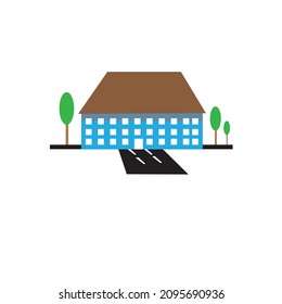 flat vector minimalist building with tree and road illustration 