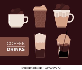 Colección minimalista vectorial plana de ilustraciones de bebidas de café en colores marrones