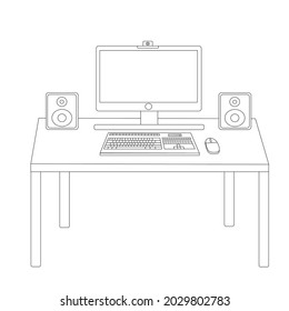 flat vector of minimalist computer desk set up interior , with two speaker, a monitor, keyboard, and a mouse 