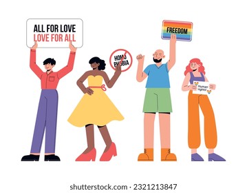 Flat vector minimalist illustration for Pride month celebration with people supporting LGBT community