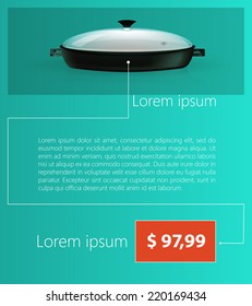 Flat vector minimalist template business design. Fryer. Flat vector illustration of two handles black fryer with lid with sample text and price on blue background.