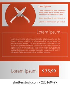 Flat vector minimalist template business design. Knife. Flat vector illustration of gray crossed knives with sample text and price on red background.