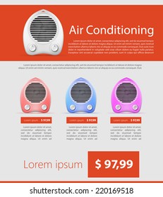 Flat vector minimalist template business design. Heater. Flat vector illustration of colored heaters with sample text and price on red and gray background.