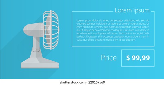 Flat vector minimalist template business design. Gray fan. Flat vector illustration of gray fan a side view with sample text and price on blue background.