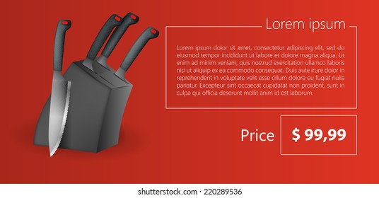 Flat vector minimalist template business design. Set of kitchen knives. Flat vector illustration of set of kitchen knives on dark gray stand with sample text and price on red background.