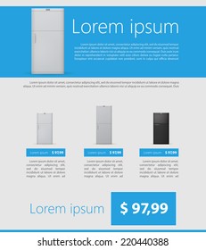 Flat vector minimalist template business design. Fridges. Flat vector illustration of set of gray and black refrigerators with example text and price on blue and gray background.