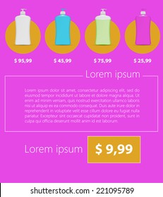 Flat vector minimalist template business design. Liquid Soap. Flat vector illustration of set of colored liquid soap buttles with example text and price on purple background.