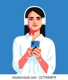 Flat vector minimalistic illustration of a young girl with headphones listening to a podcast, audio book, online music in trending colors. Concept of relaxation, good mood, rest. Communication online.