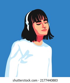 Flat vector minimalistic illustration of a young girl with headphones listening to a podcast, audio book, online music in trending colors. Concept of relaxation, good mood, rest. Communication online.
