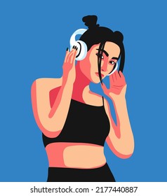 Flat vector minimalistic illustration of a young girl with headphones listening to a podcast, audio book, online music in trending colors. Concept of relaxation, good mood, rest. Communication online.