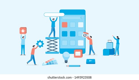 flat vector mobile application and web design development process concept and group business team working
