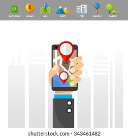 Flat vector mobile navigation/Illustration with mobile phone and pointer icons