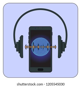 flat vector mobile phone with earth on the blue background
