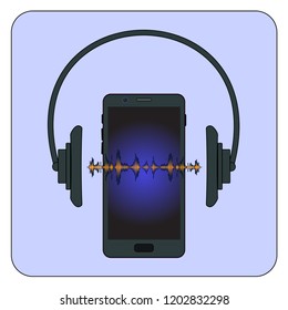 flat vector mobile phone, headphones and sound wave on blue background in layers